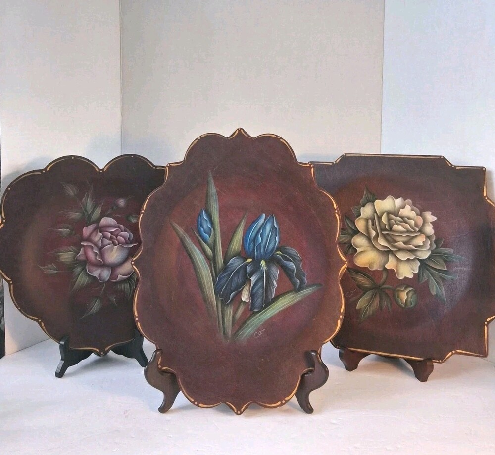 Vtg Toleware Hand Painted Wood Plaques Set 3;Floral Wall Plaque Folk Art; Signed